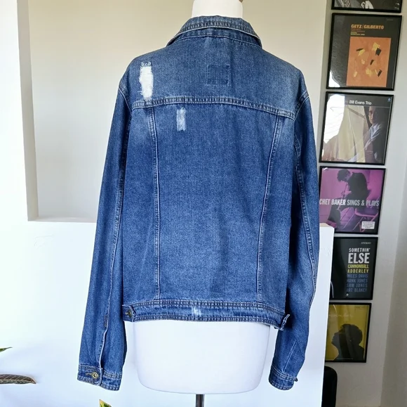 New One 5 One Distressed Denim Trucker Jacket Medium Wash 2X Plus - Picture 8 of 11